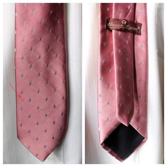 Vintage Etienne Aigner Cranberry Pink Blue & White Embroidered Diamond Silk Tie - Picture 9 of 10